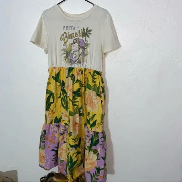 Farm Rio 100% Cotton Tiered Maxi Shirt Dress yellow floral motif Large Petite - Picture 5 of 16